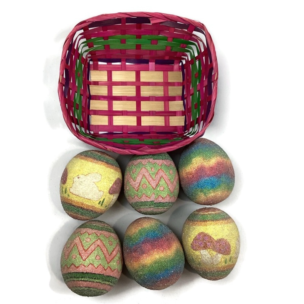 Lot of 6 Large Beaded Frosted Sugared Easter Eggs in Colorful Wicker Basket